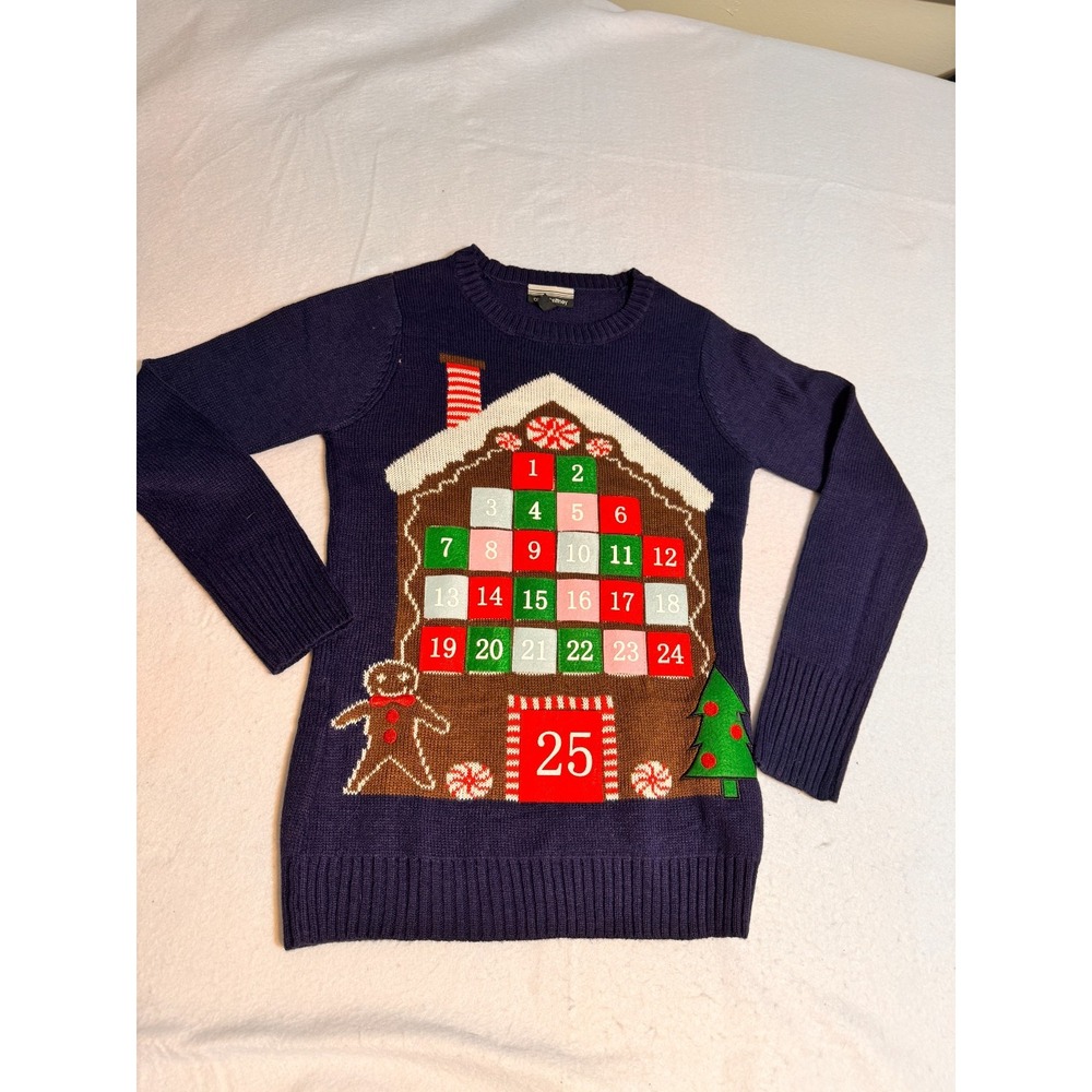 Advent Calendar Holiday Ugly Christmas Sweater Blue Women Small Allison Brittney